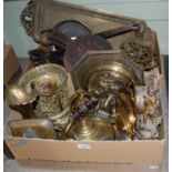 Two Boxes - assorted brass ware together with bellows and copper pan