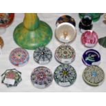 A group of ten art glass paperweights and two others, to include examples by Perthshire