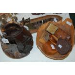 A group of treen ware, comprising various trinket boxes, fruit bowl, arched mirrored wall hanging