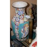 A brass Corinthian column table lamp, together with a decorative Asian vase decorated with three