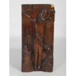 An antique Greek Orthodox / Byzantine carved wooden panel, depicting 'The Crucifixion' with Christ