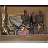 Box - vintage irons and a dog form table lighter