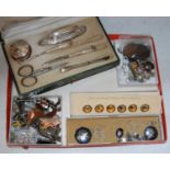 Box - assorted costume jewellery to include a green boxed white metal mounted six-piece nail set,