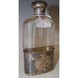 A London silver mounted clear glass spirits flask, 15cm high