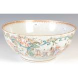 A large Chinese porcelain famille rose punch bowl, Qing Dynasty, decorated with two panels enclosing