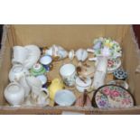 A box of assorted miniature ornamental vases, crested ware, trinket boxes, etc, to include a pair of