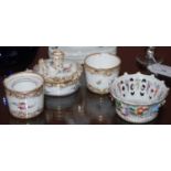 A Sevres porcelain three-piece desk set comprising circular box and cover with receptacle for a