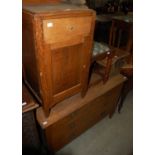 An oak bedside locker, square upholstered dressing table stool, a small pine rectangular stool,