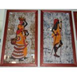 Three African framed Batik figural panels, together with two signed black and white prints of trees,