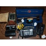 Box - assorted camera equipment to include Marconiphone electric pick-up, a Brownie Model C camera