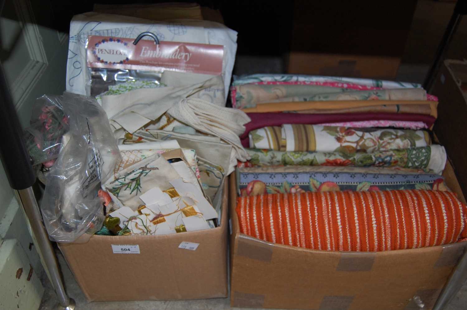 Two boxes of assorted textiles and threads