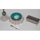 A Birmingham silver and green enamel two-part dressing table set comprising cut-glass circular