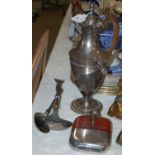 A collection of EPNS to include a Sheffield plated claret jug, a hip flask, serving spoon and ladle