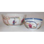 A Chinese porcelain famille rose slop bowl, Qing Dynasty, decorated with panels of figures, 14.5cm