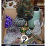 A box of mixed wares to include art glass vases, rock specimens, a peacock formed trinket holder