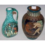 A Norwegian pottery jug decorated with stylised figures, inscribed 'ELA, Oslo, Norway', 18cm high,