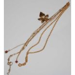 Four assorted 9ct gold necklaces, together with a 9ct gold and pearl set leaf brooch, gross weight