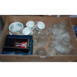 Box - assorted glasses, glass lamp shades and a part Queen Anne teaset