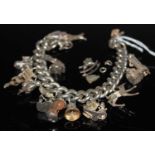 A silver charm bracelet suspending various assorted charms, 94.1 grams