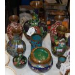 A group of Cloisonne ware to include six vases, two brush holders, bowl and pin dish