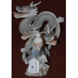 Lladro porcelain figure of boy and lamb, together with a Spanish porcelain of a dragon and two