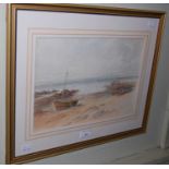 A watercolour of a beach scene with row boats in the foreground, inscribed label verso 'painted by