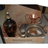 A box of assorted items to include an art glass vase, various treen items, various brass and