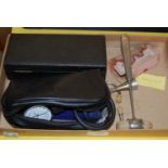 Box - assorted medical equipment to include a reflex tester, stethoscope, nasal douche, blood