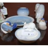A collection of Royal Copenhagen porcelain to include a pair of owls, two small birds, a dish with