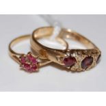 A vintage 9ct gold garnet, and diamond chip seven stone ring, ring size 'R', together with a vintage