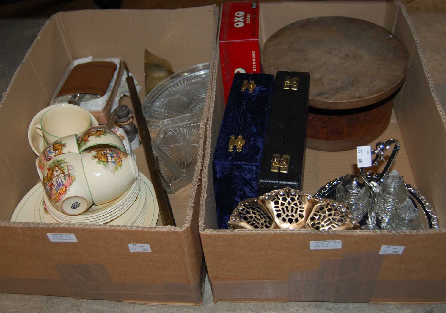 Two boxes of mixed ceramics, glass and EP ware