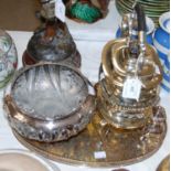 A group of EPNS items to include a spirits kettle on stand, salt and pepper pots, serving tray and