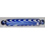 A 19th century clear, blue and opaque white glass rolling pin, probably 'Nailsea', 36cm long