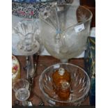 A group of mixed glassware to include an epergne, two orange glass scent bottles, two stirrers, etc