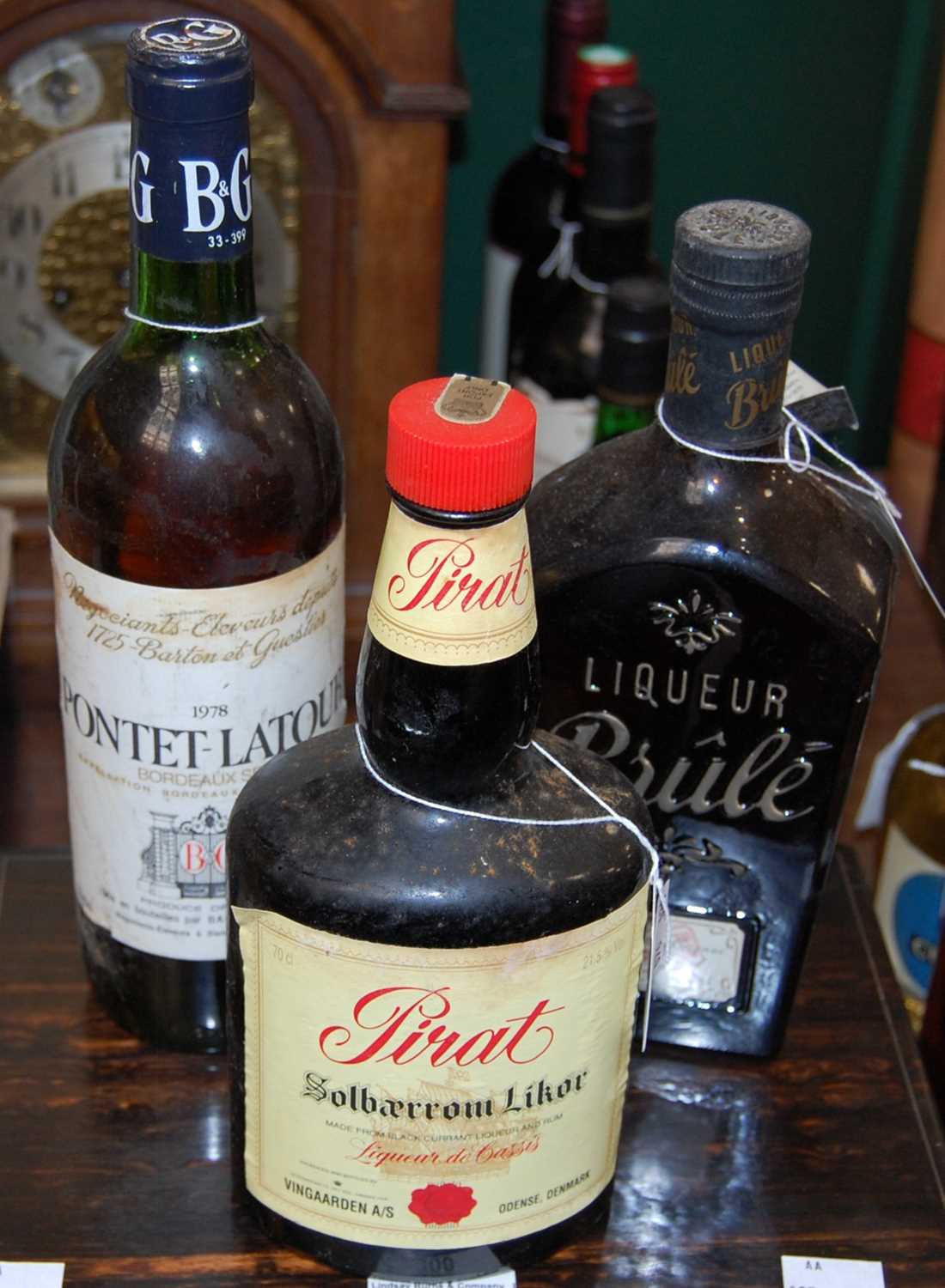 One bottle of 1978 Pontet-Latour Bordeaux, one bottle of liqueur Biule and one bottle of Pirat