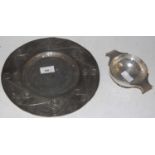 A vintage Talbot pewter quaich with hammered finish, and a pewter overlaid circular dish with scroll