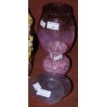 A Monart vase shape 'MF' mottled purple and pink with gold coloured inclusions, 17.5cm high,