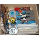 Box of assorted items to include three art glass paperweights, foreign banknotes, various vintage