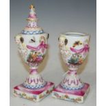 A pair of Continental porcelain Neo-Classical style lidded urns, with painted figural decoration,