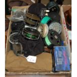 Fishing Interest - box containing various assorted reels, line, scales etc