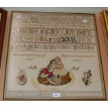 A vintage needlework sampler by Jesse Mannican Rennie, aged 13, worked in coloured threads with