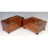 An early 19th century rosewood and mother-of-pearl inlaid sarcophagus-shaped tea caddy,