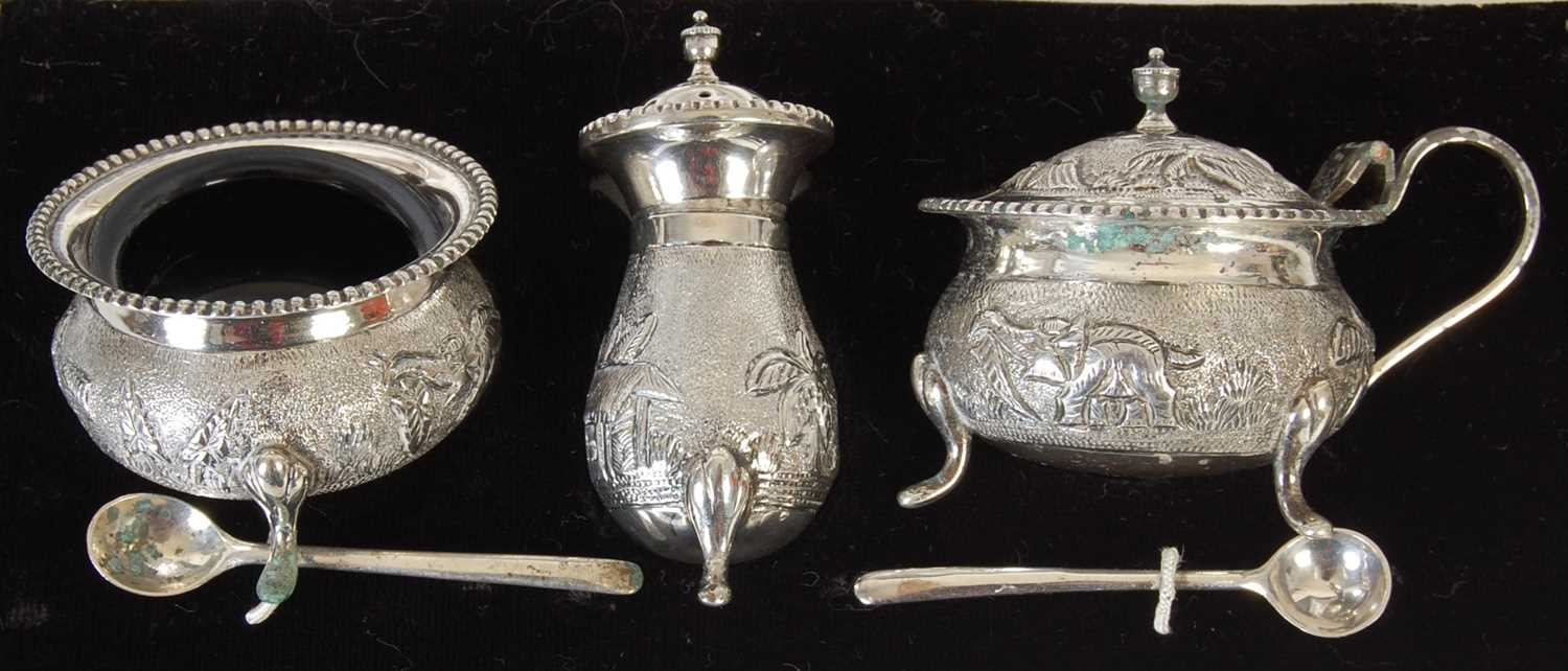 A late 19th / early 20th century Indian sterling silver three-piece cruet set, - Image 2 of 6