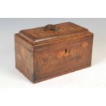 A George III mahogany and marquetry inlaid sarcophagus-shaped tea caddy,