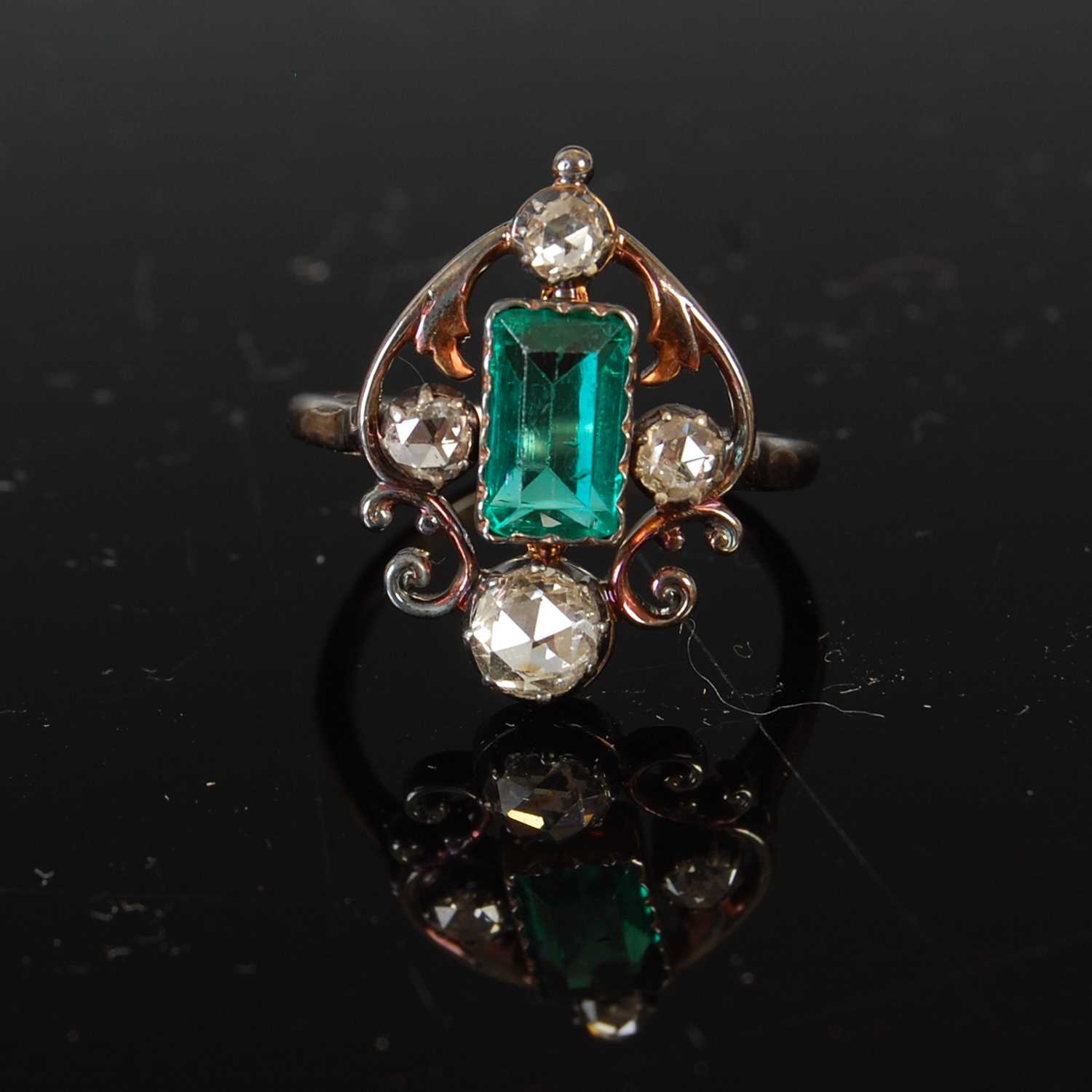 An early 20th century white and yellow metal emerald and diamond set cocktail ring, - Image 3 of 9