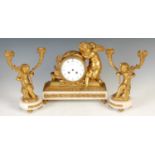 A late 19th century French ormolu and white marble clock garniture, G. Coiffe, Limoges,