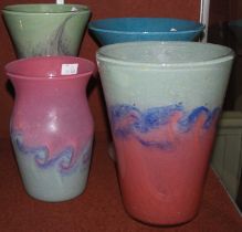 Three Vasart vases with acid etched signature on base, together with a Ysart vase mottled blue and