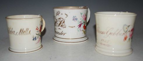 Three 19th century English porcelain christening mugs to include William Gibberd 1847 with floral