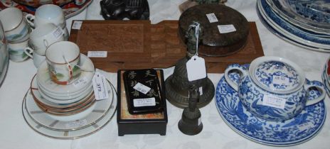 A group of mixed Chinese and Japanese items, to include two bronzed table bells, card case,