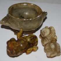 A Chinese carved green stone figure of a boy, 6cm high, a composite figure of Daikoku, and a